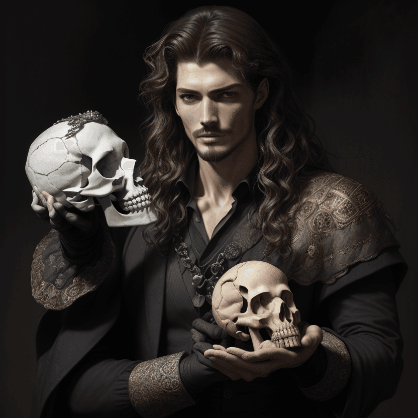 AI generated: To be or not to be, Hamlet holding an anatomically correct human skull of Yorick in the palm of his ...