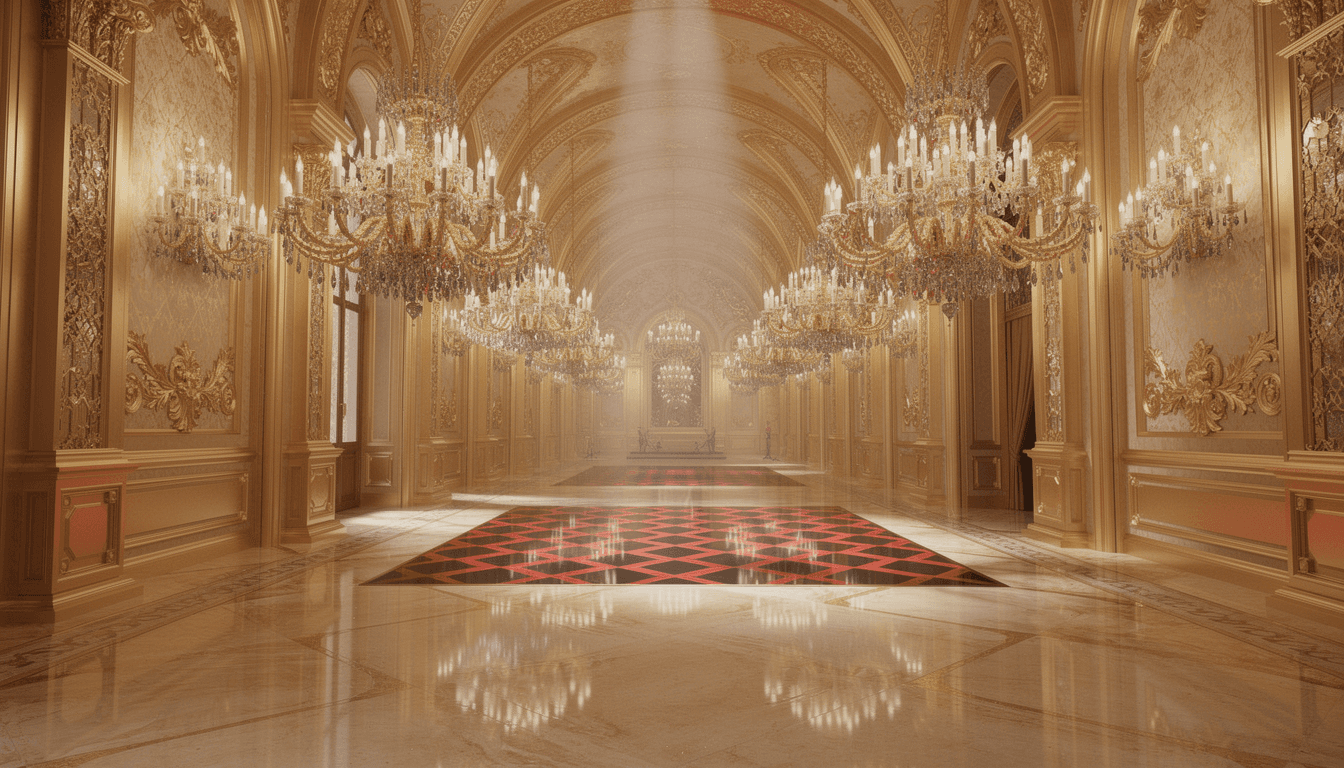 AI generated: Fency corridor with chandeliers gold and silver color of Golden color Castle from inside, marble flo...