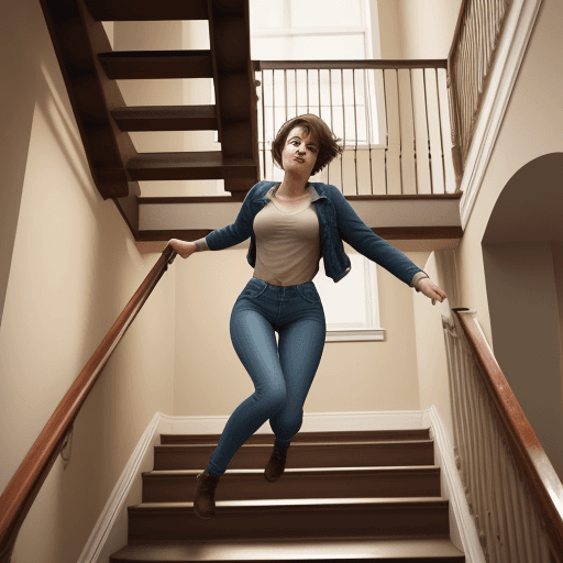 AI generated: realistic 22 year-old woman with short hair, brown, falling from stairs dropping things she carried ...