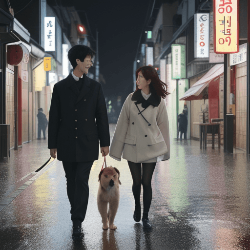 AI generated: Autumn in Korea, rainy street, street lamp, two lovers are walking on the street, with two dogs 