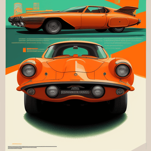 AI generated: highly detailed infographic poster of orange retrofuturism car on mint background found in popular m...