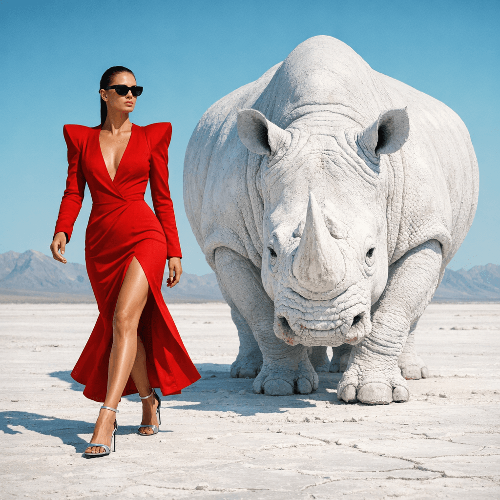 AI generated: {
  "scene": {
    "type": "editorial fashion surrealism",
    "location": "barren white desert w...