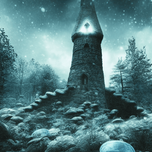 AI generated: haunting stone tower surrounded by a dense taiga forest, dark door, blue moon in the sky, night shot...