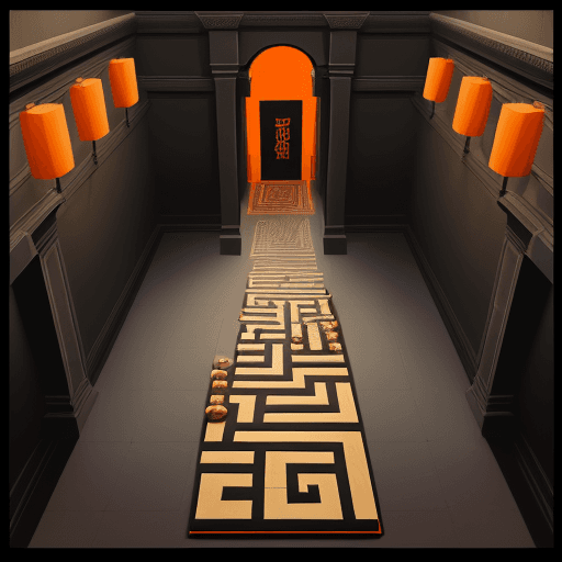 AI generated: Drawing of a corridor of a maze for a boardgame card, black walls, orange floor, in the style of gre...