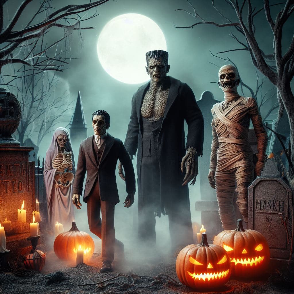AI generated: Werewolf,Frankensteins Monster,the Mummy and Dracula ,Trick or Treat at a House,,ultra high detailed...