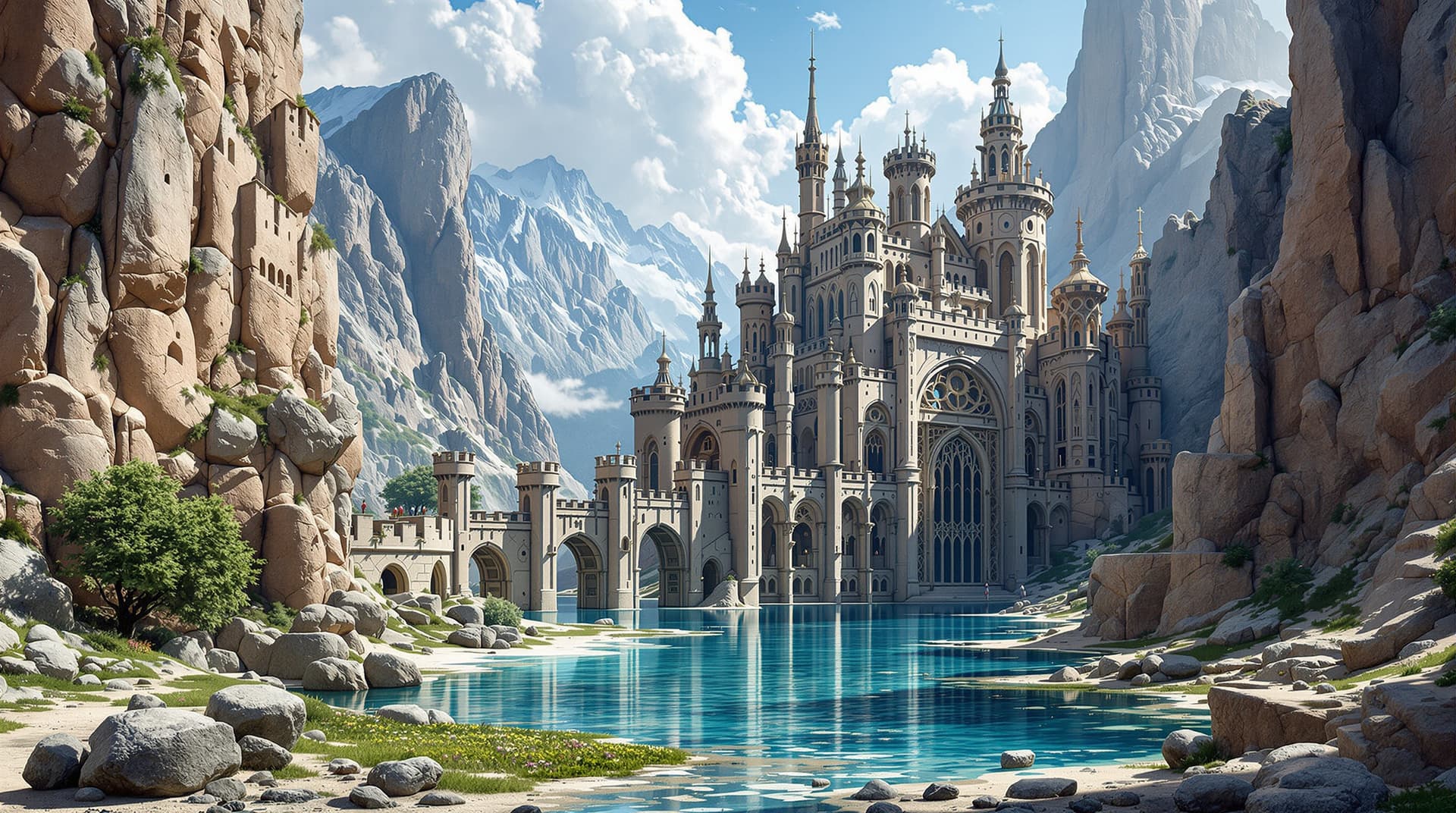 AI generated: a realistic sculpted castle and stone walls in the rocky mountains, in the style of gothic futurism,...