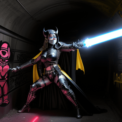 AI generated: Madonna as a mummified demon priest who is apparently immortal is in a lightsaber graffiti battle wi...