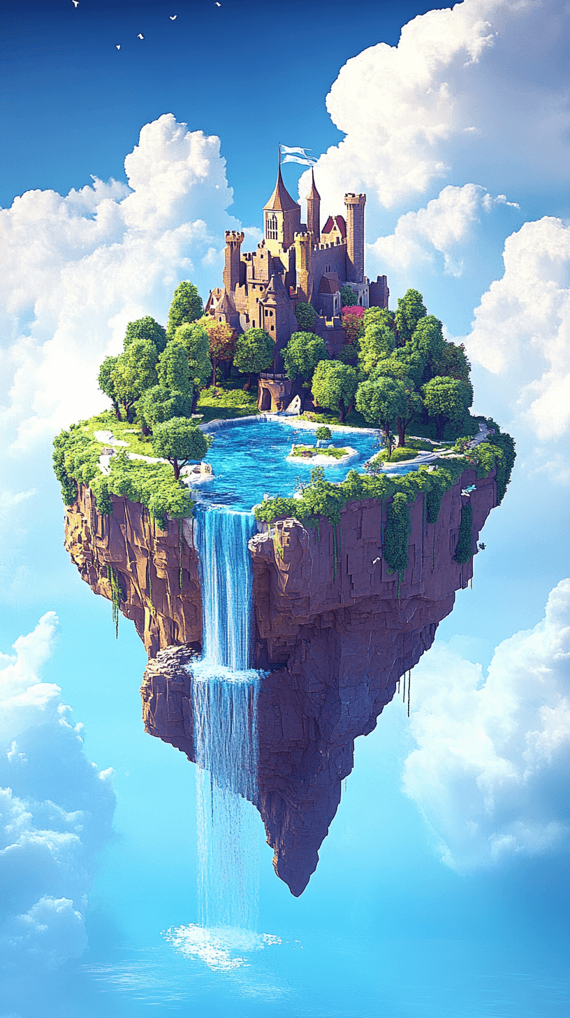 AI generated: 3d isometric rendering of a [floating island with a castle], surrounded by small trees and waterfall...