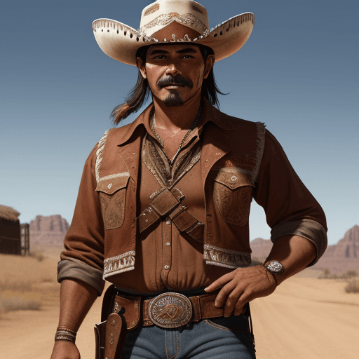 AI generated: a friendly looking mexican cowboy, knifes on his belt, wild west style, 8k