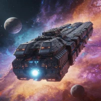 AI generated video: Create a cinematic sequence where the massive starship (Versel) is suspended in space, maintaining f...