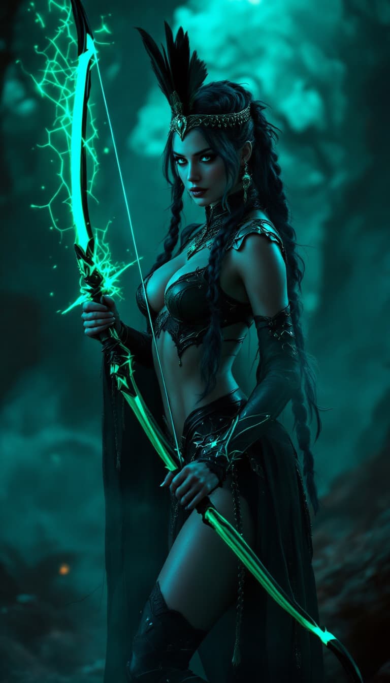 AI generated:  A mysterious full-body portrait reveals a woman of striking beauty, wielding a magical bow that glo...