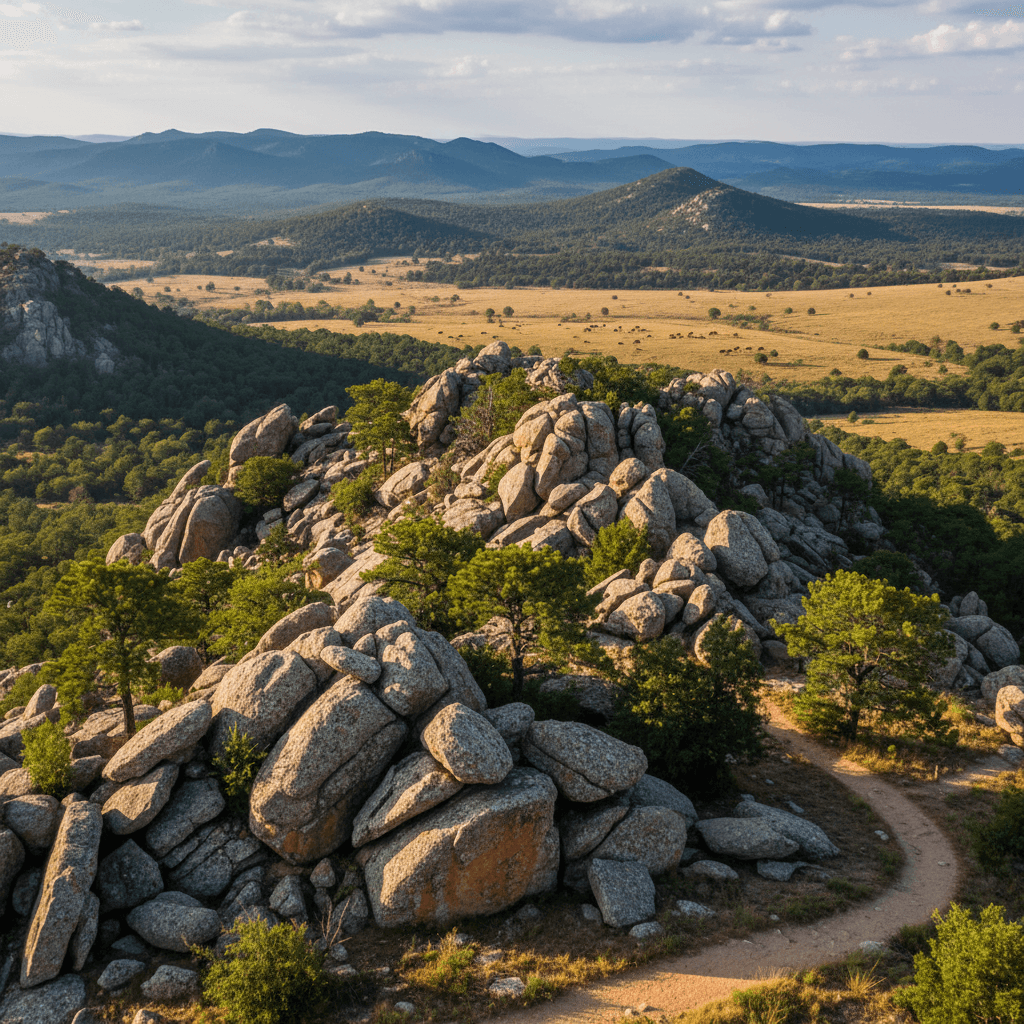 AI generated: "A scenic overlook of the Wichita Mountains with rugged rocks, pine trees, and distant herds of long...