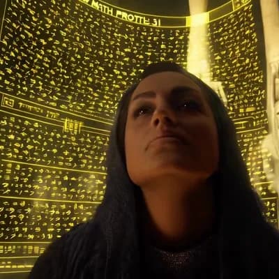 AI generated video: Shadowrun Math Projection - A close-up of a person's face with set logical ambient background, DayGl...