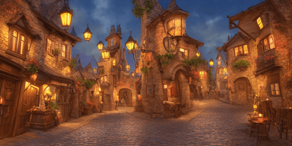 AI generated: Imagine a Pixar 3D rendering of a medieval town at night, featuring charming, whimsical architecture...