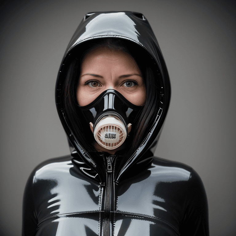 AI generated: hyper realistic headshot photo of a 40 year old woman, wearing a latex gas mask, a latex suit with l...