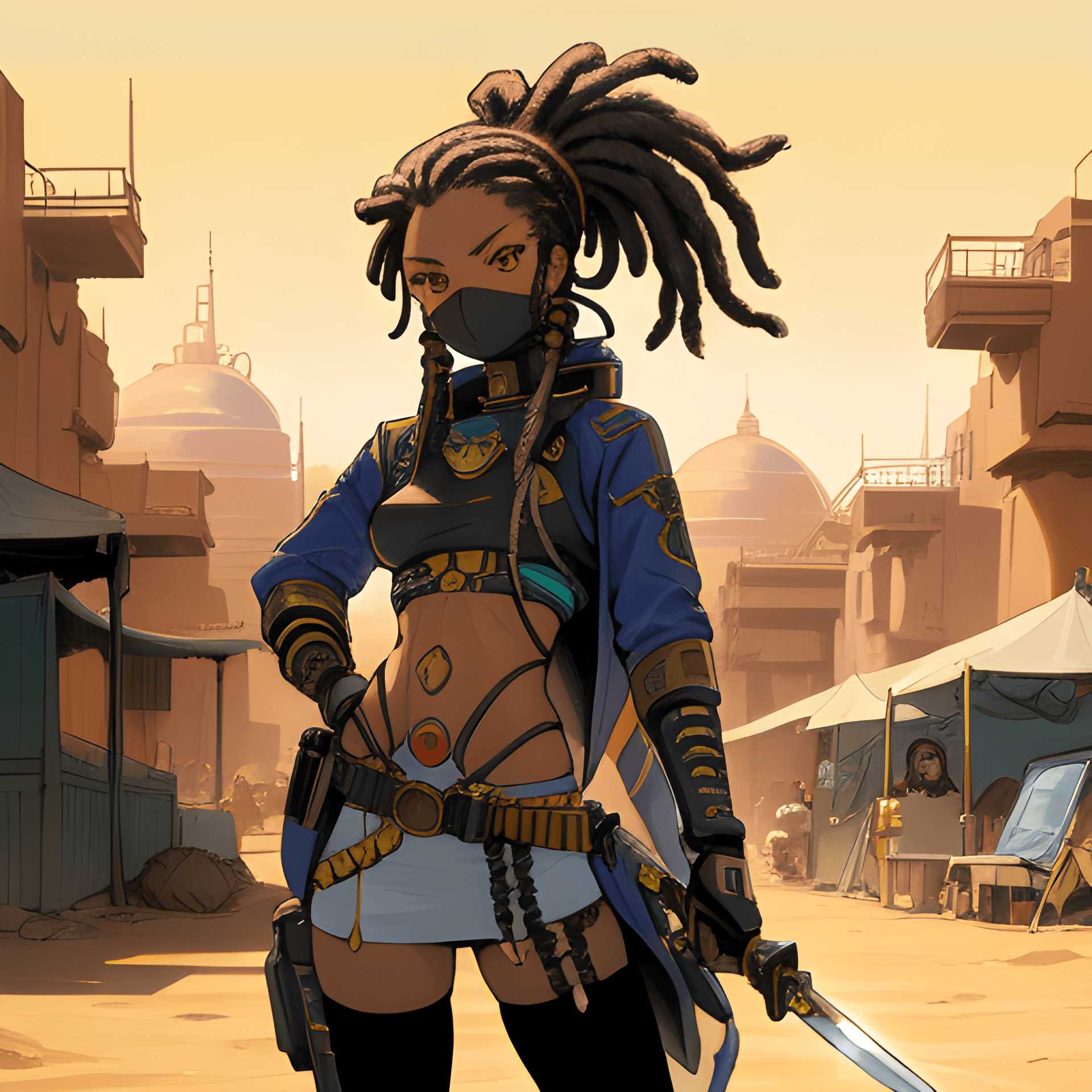 AI generated: a woman with dreadlocks holding a knife, afrofuturism, an edgy teen assassin, shirow masamune, deser...