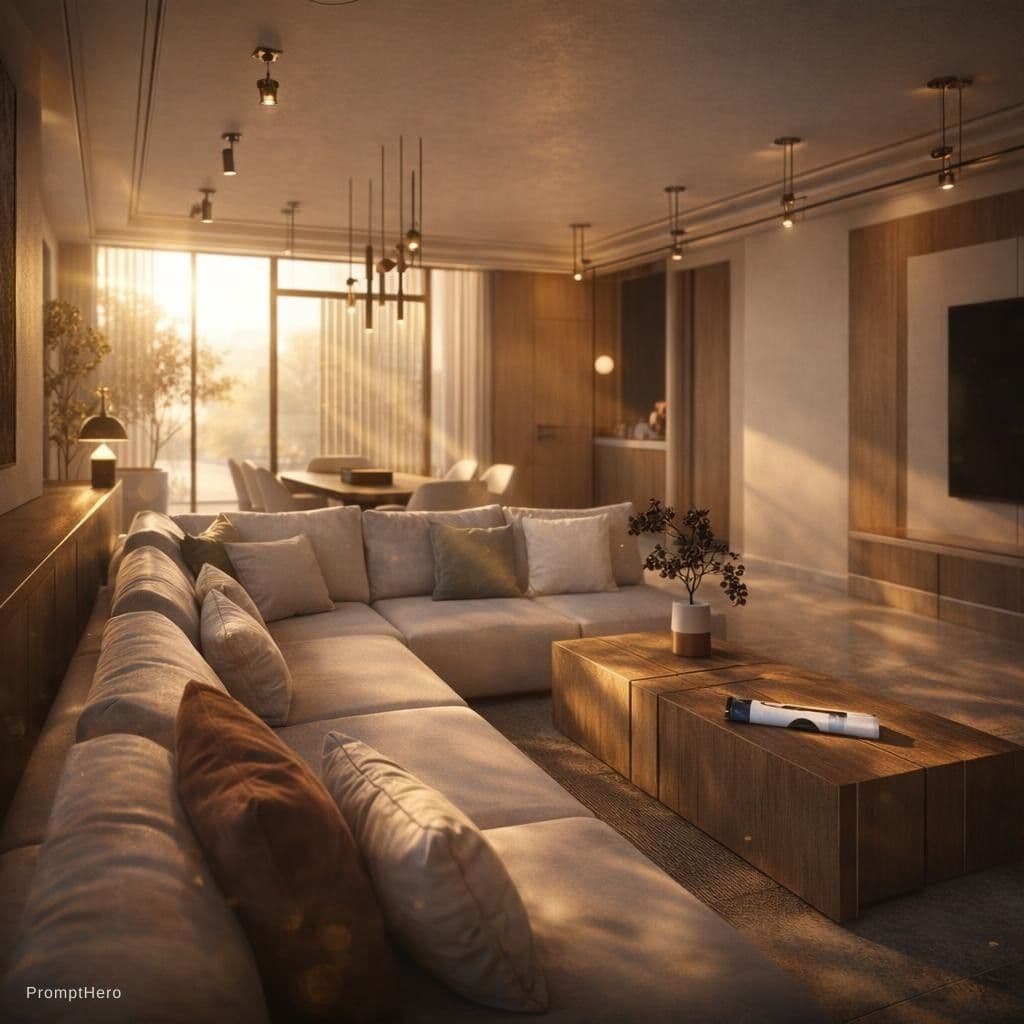 AI generated: Ultra-realistic interior render of a modern open-plan living room, professionally designed, featurin...
