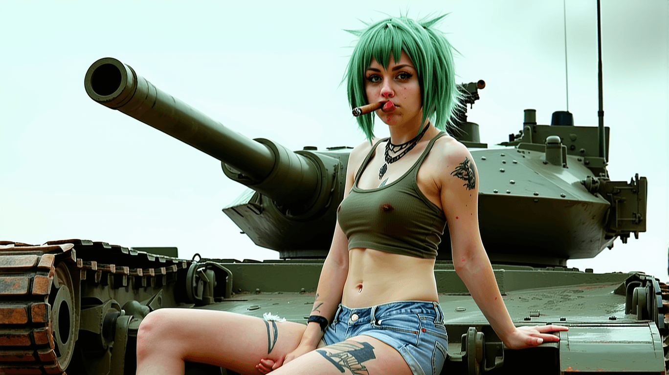 AI generated: ultra realistic, 18 year old tank girl cosplay. Crop top. Short shorts. Athletic. Short Green spiky ...