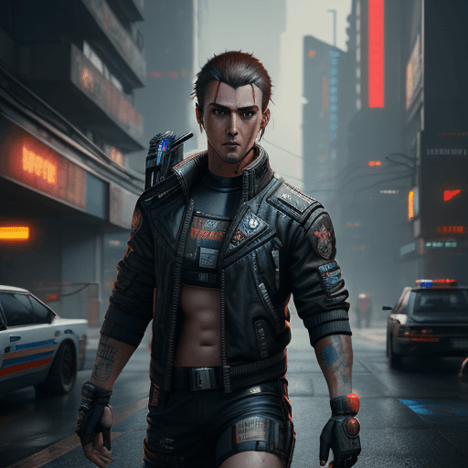 AI generated: a male protagonist of cyberpunk 2077 with a tuft, brown hair, red eyes, oily complexion, while killi...