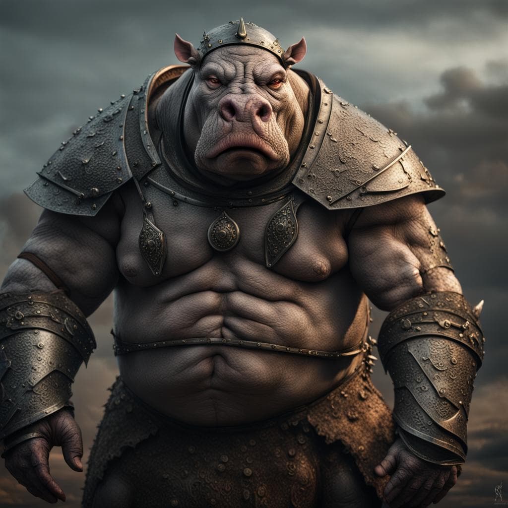 AI generated: evil arrogant fat orc with thick fleshy wrinkly grey hippo skin, wearing roman armor, (full body), h...
