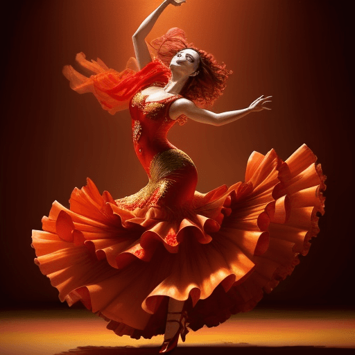 AI generated: A fiery flamenco dancer, adorned in vibrant red and gold, twirls and stomps to the beat of the music...