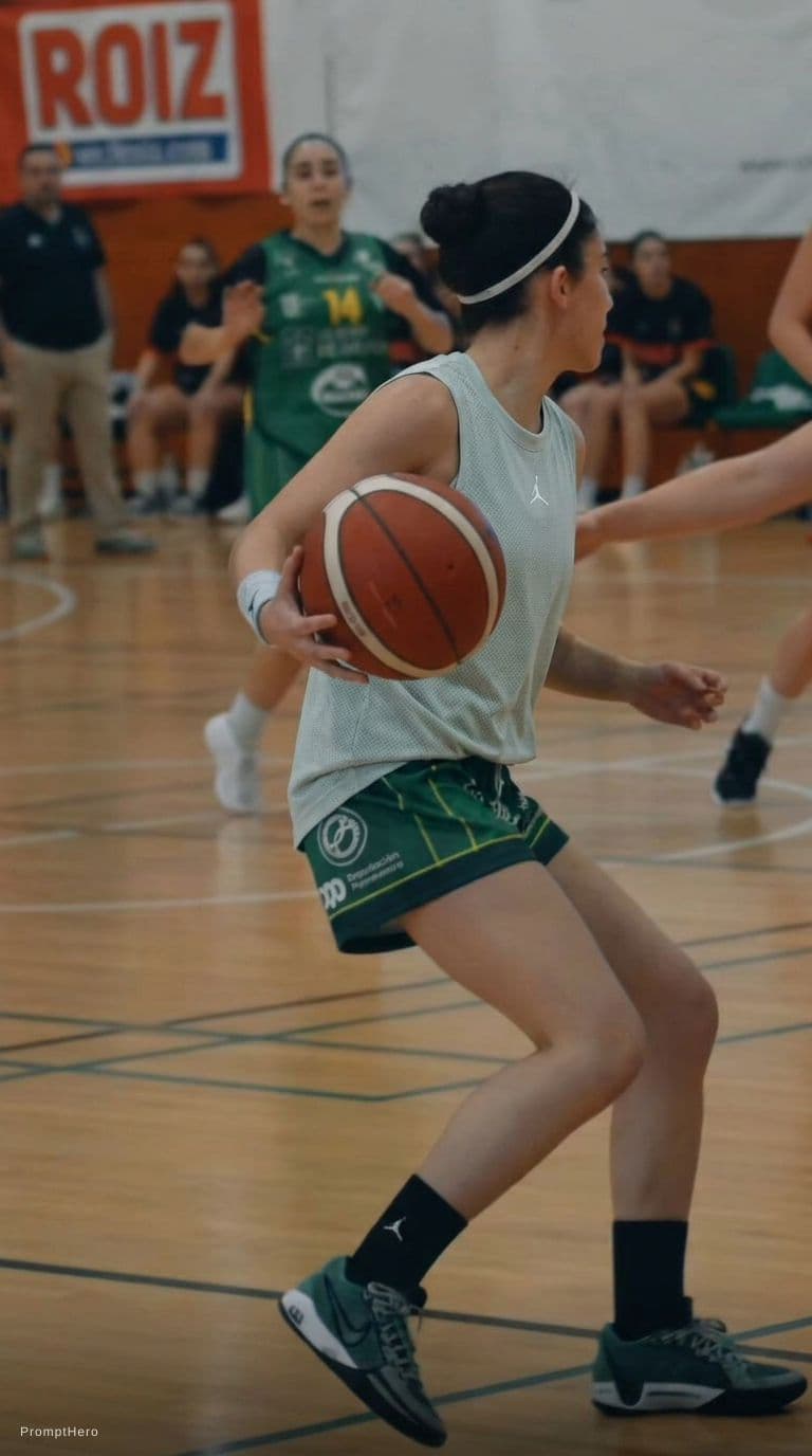 AI generated: ponle a la chica que tiene el balón en la mano la camiseta de la otra foto 