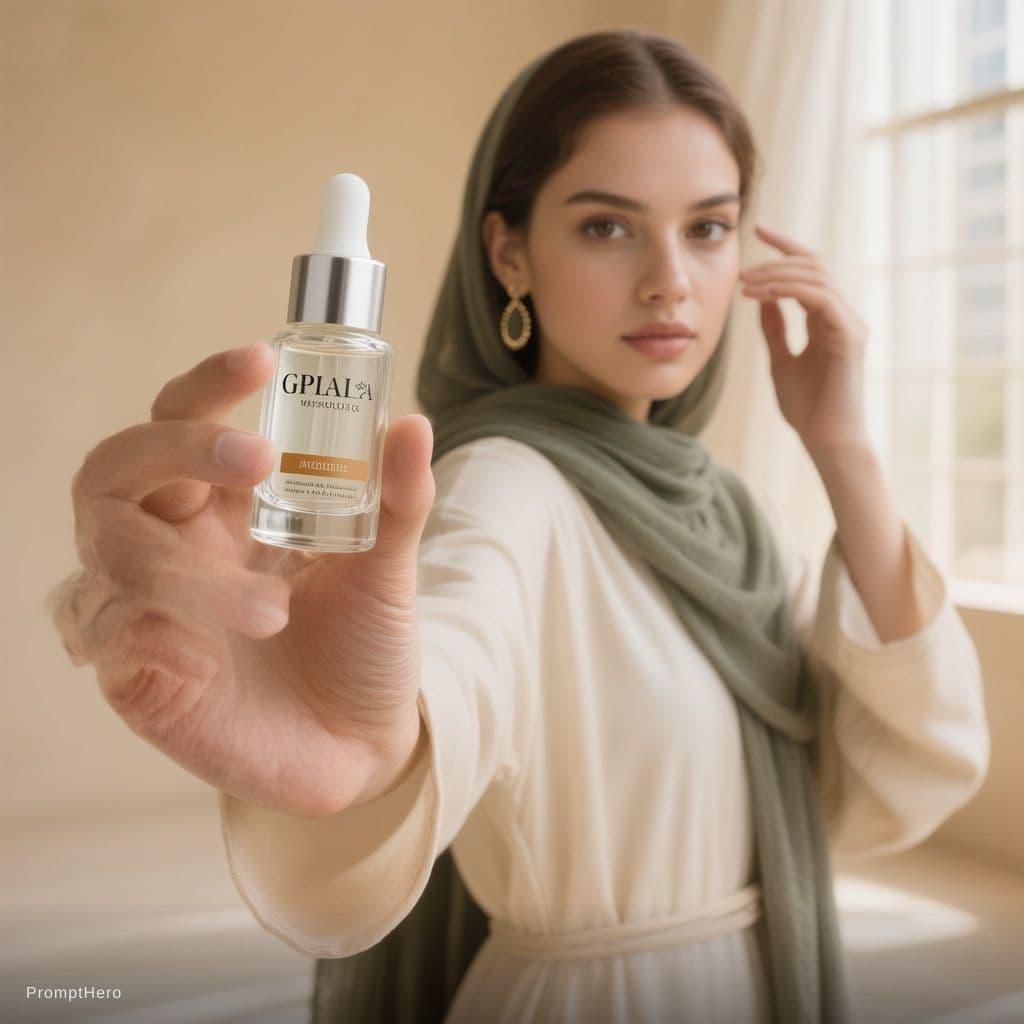 AI generated: Fisheye lens photography, extreme low angle shot, elegant young Arab woman wearing a modern minimal ...