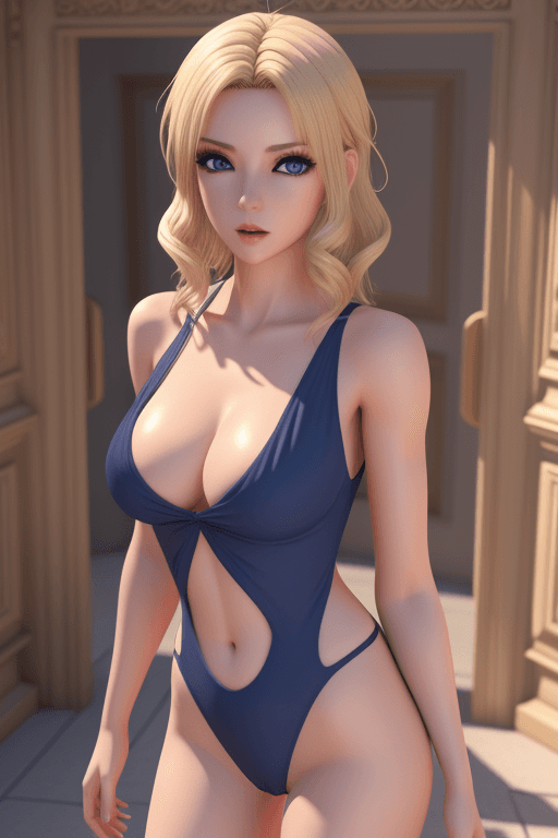 AI generated: picture of an anime provocative Greek goddess, with blond hair, big chest, blue eyes, posing beside ...