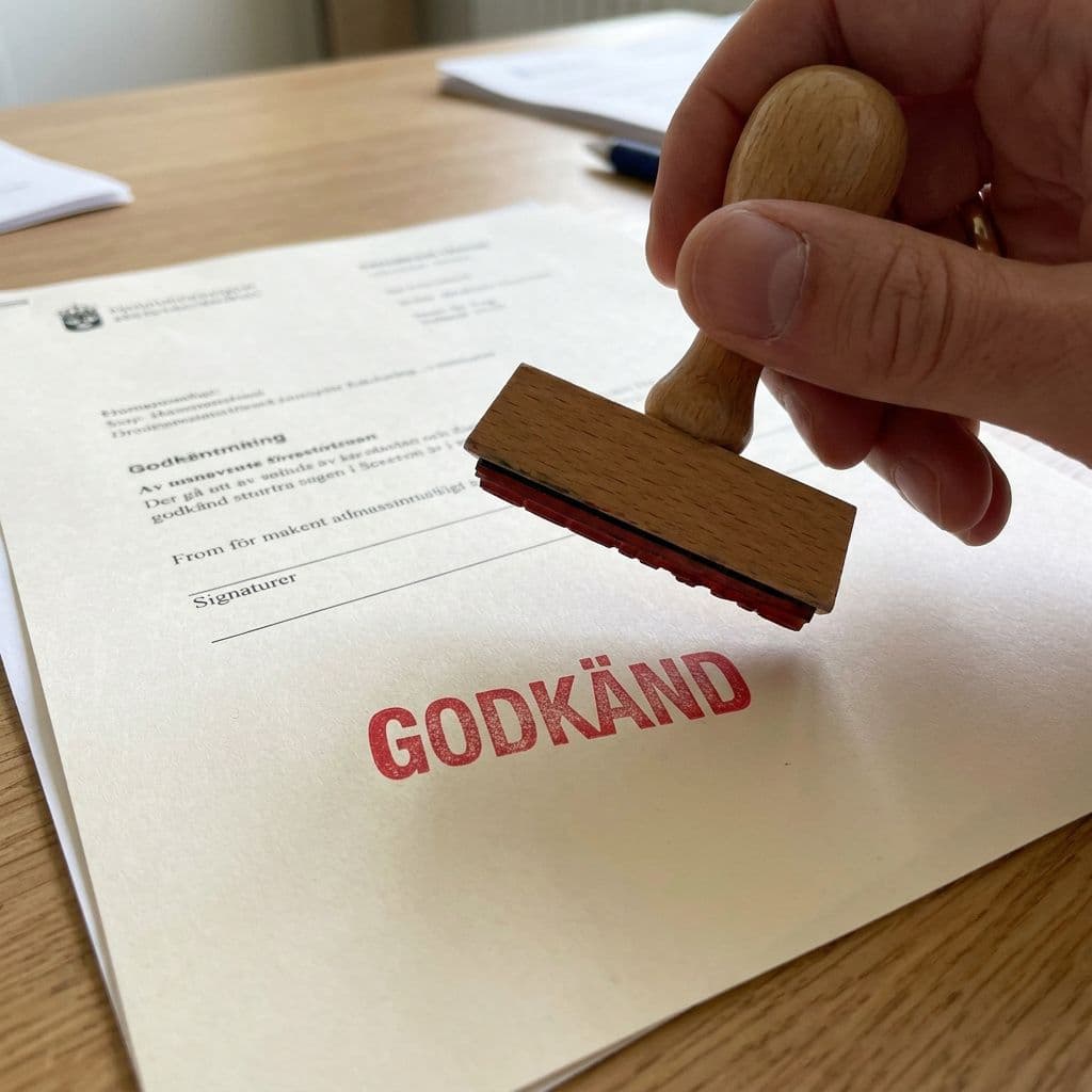 AI generated: a rubber stamp with the text Godkänd stamped on a paper document