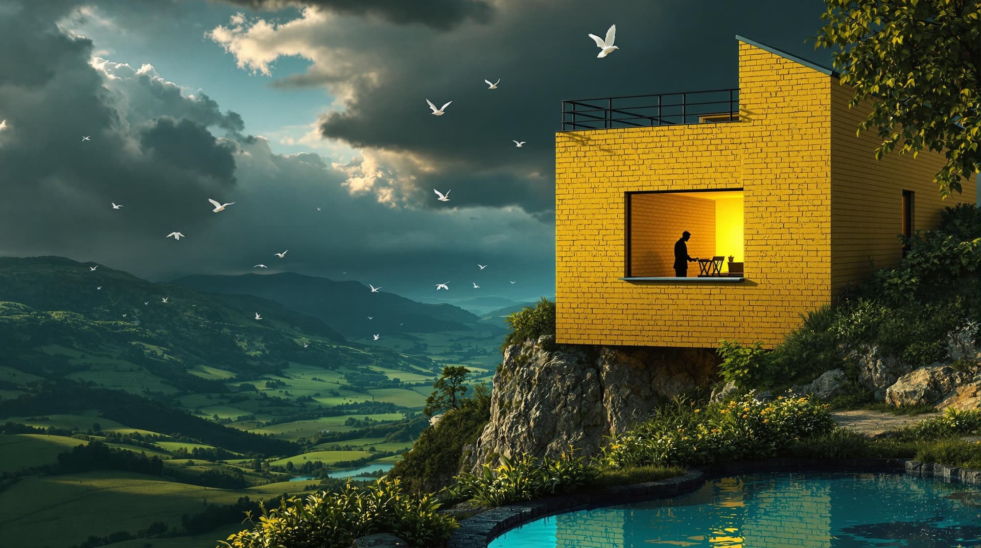 AI generated: Hyper realistic exterior photo of a (((yellow bricks))) house on a cliff, over a green valley, Stati...