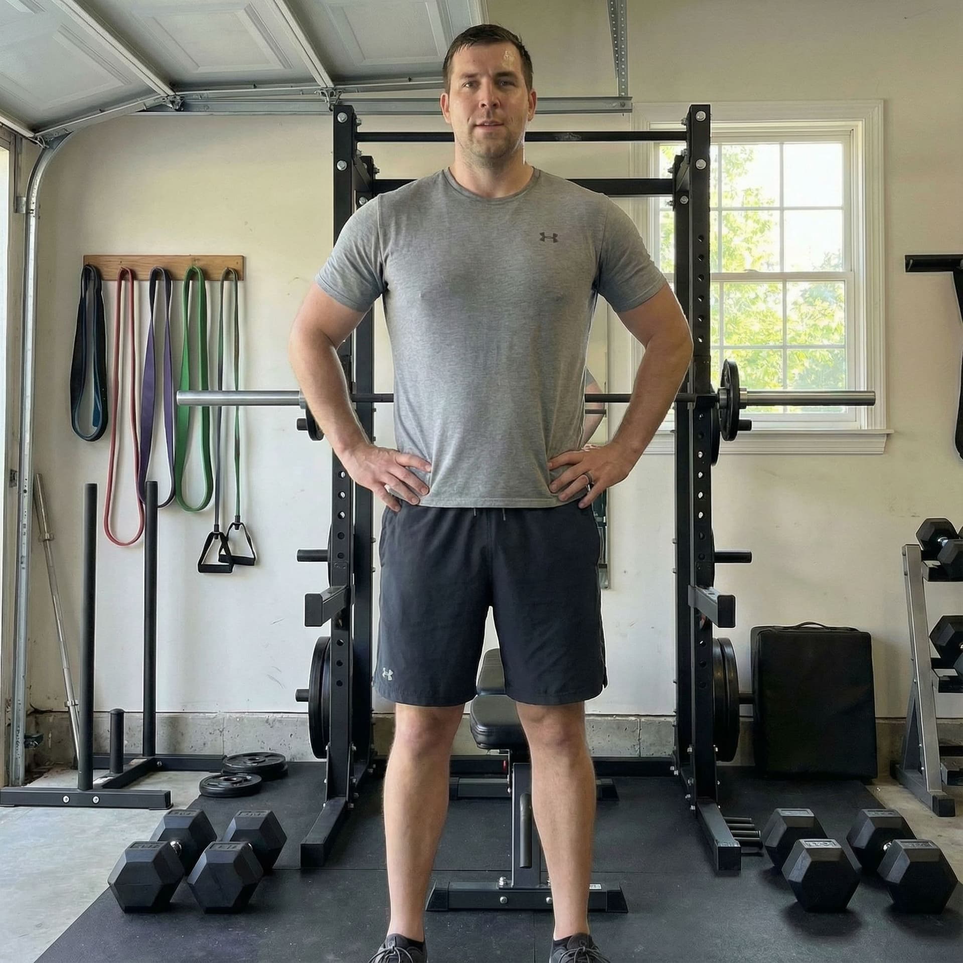 AI generated: Same man, same home gym, same camera angle and lighting. 12-week realistic transformation: slightly ...