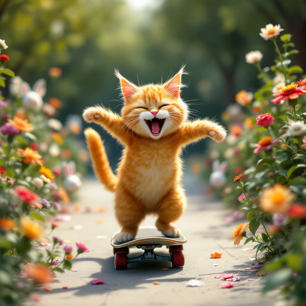 AI generated: "A mischievous orange cat skating on a board in a park full of flowers and animated bunnies."