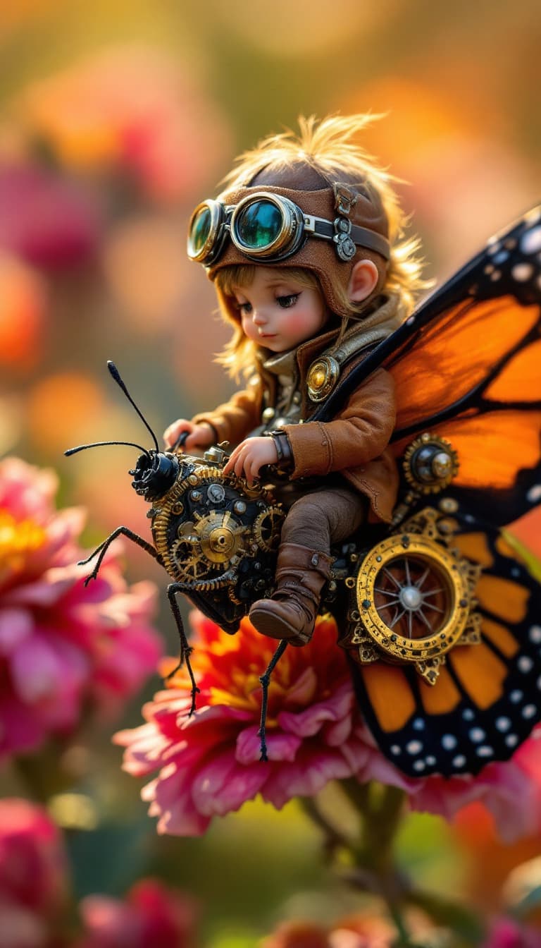 AI generated: "Hyper-realistic macro image of a tiny steampunk-inspired pilot with goggles and a leather aviator c...