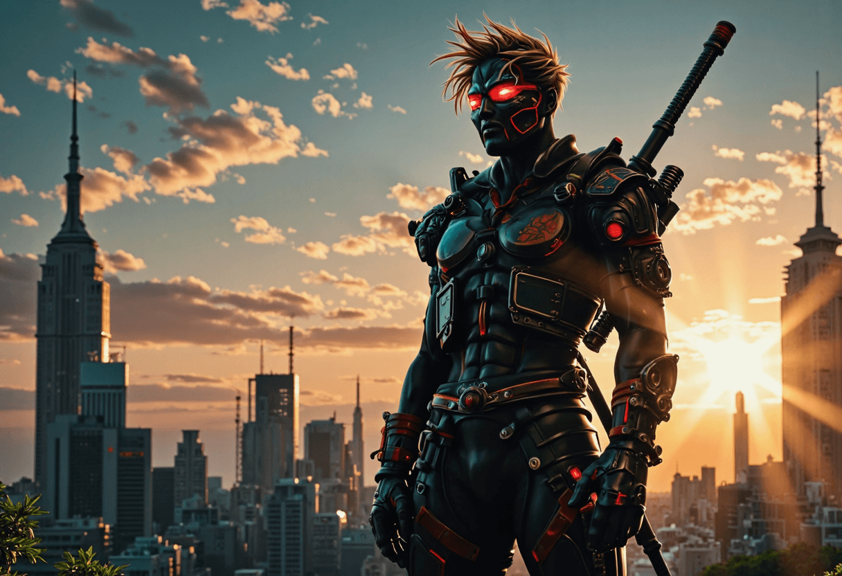AI generated:  highly detailed, (silouette of cyberpunk warrior against setting sun, back lit, fantastic lighting,...