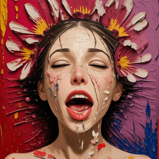 AI generated: woman's face, mouth opened wide, flowers coming out of mouth, pallet knife painted, thick textured
