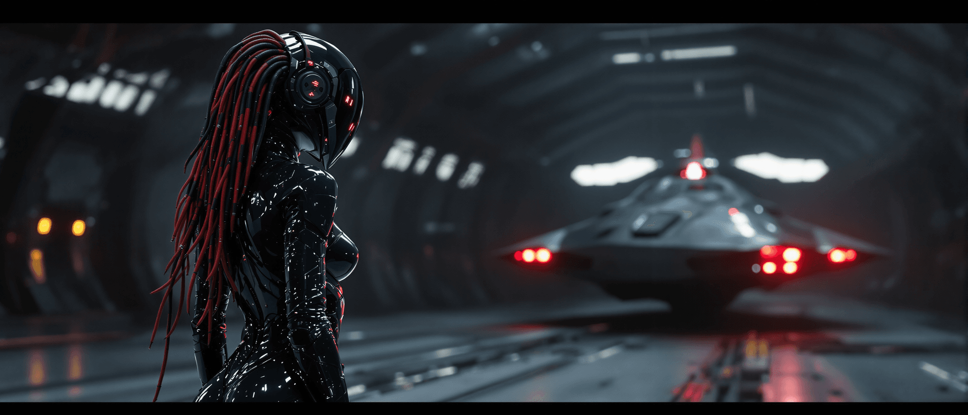 AI generated: A futuristic theam: She's standing in a dark hangar looking on a spaceship in the bacground, all dre...