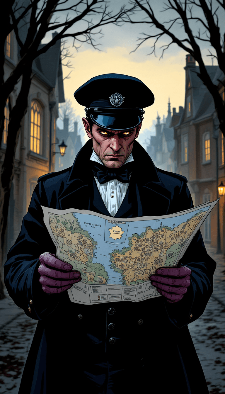 AI generated:  Victorian French Police looking at a map of a crime scene in a village in France, with a serious ex...