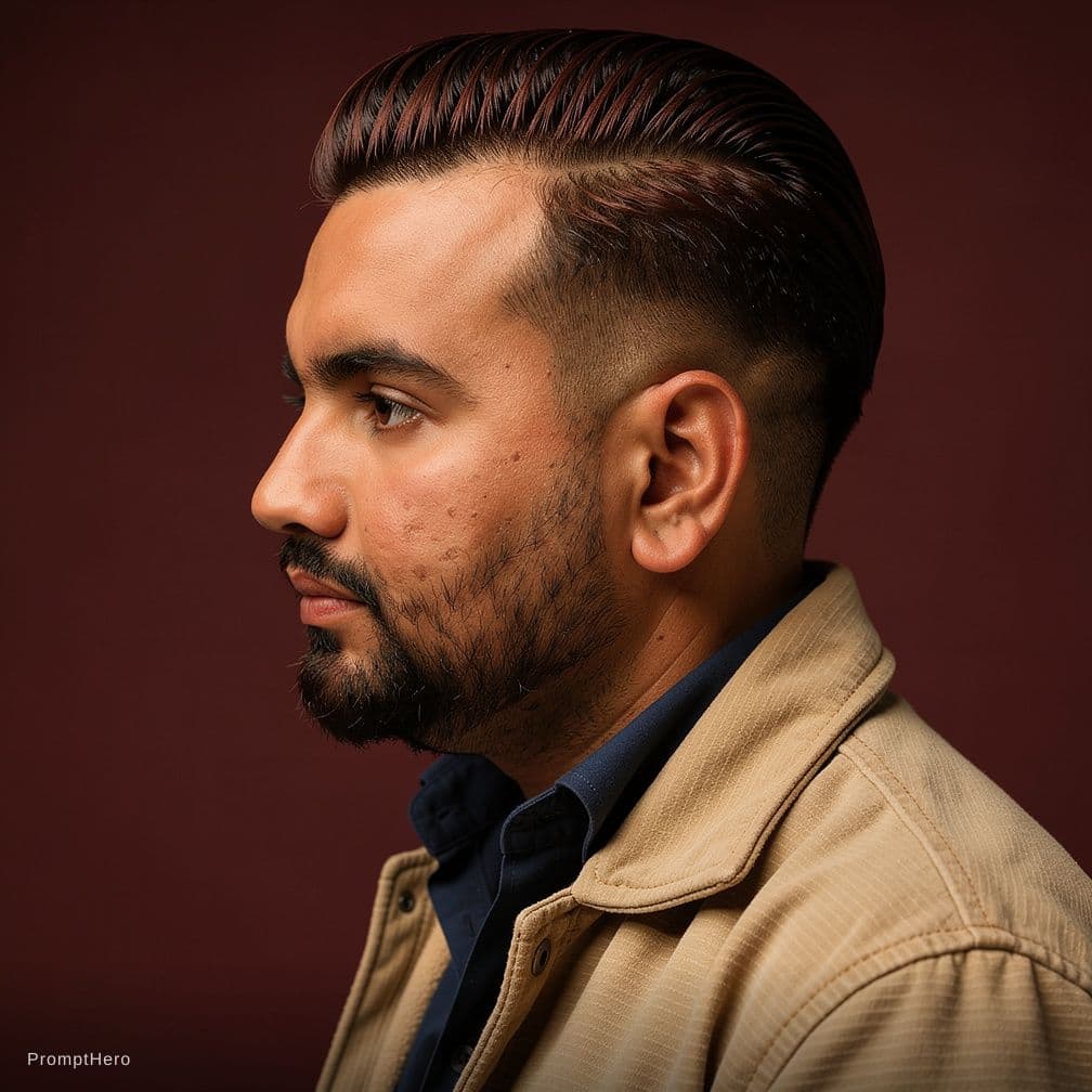 AI generated: hair photography, side view of a man, slicked-back undercut hair style, rich mahogany hair color, hi...