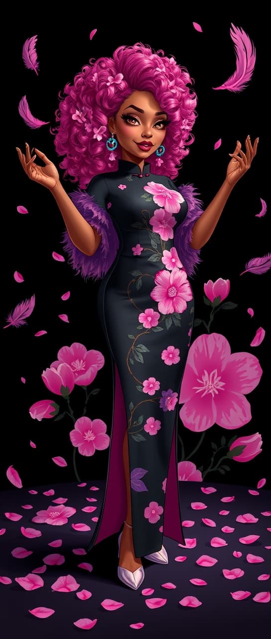 AI generated: The lighting is dramatic, with bright pops of light emphasizing the figure and the pink elements aga...
