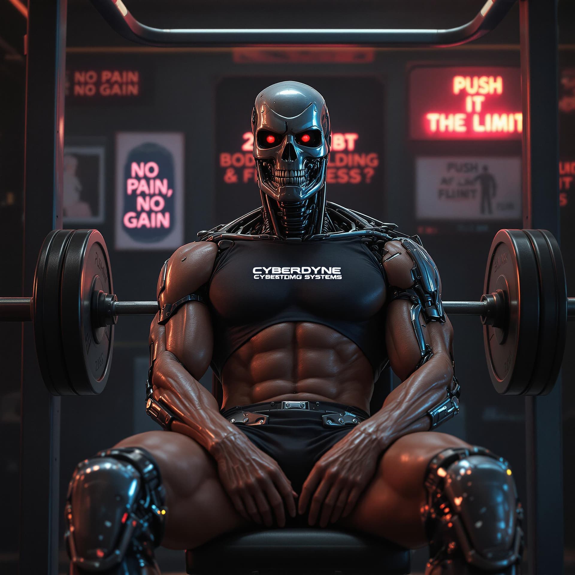 AI generated: A hyperrealistic 1980s-style cinematic scene showing the Terminator from The Terminator movie seated...