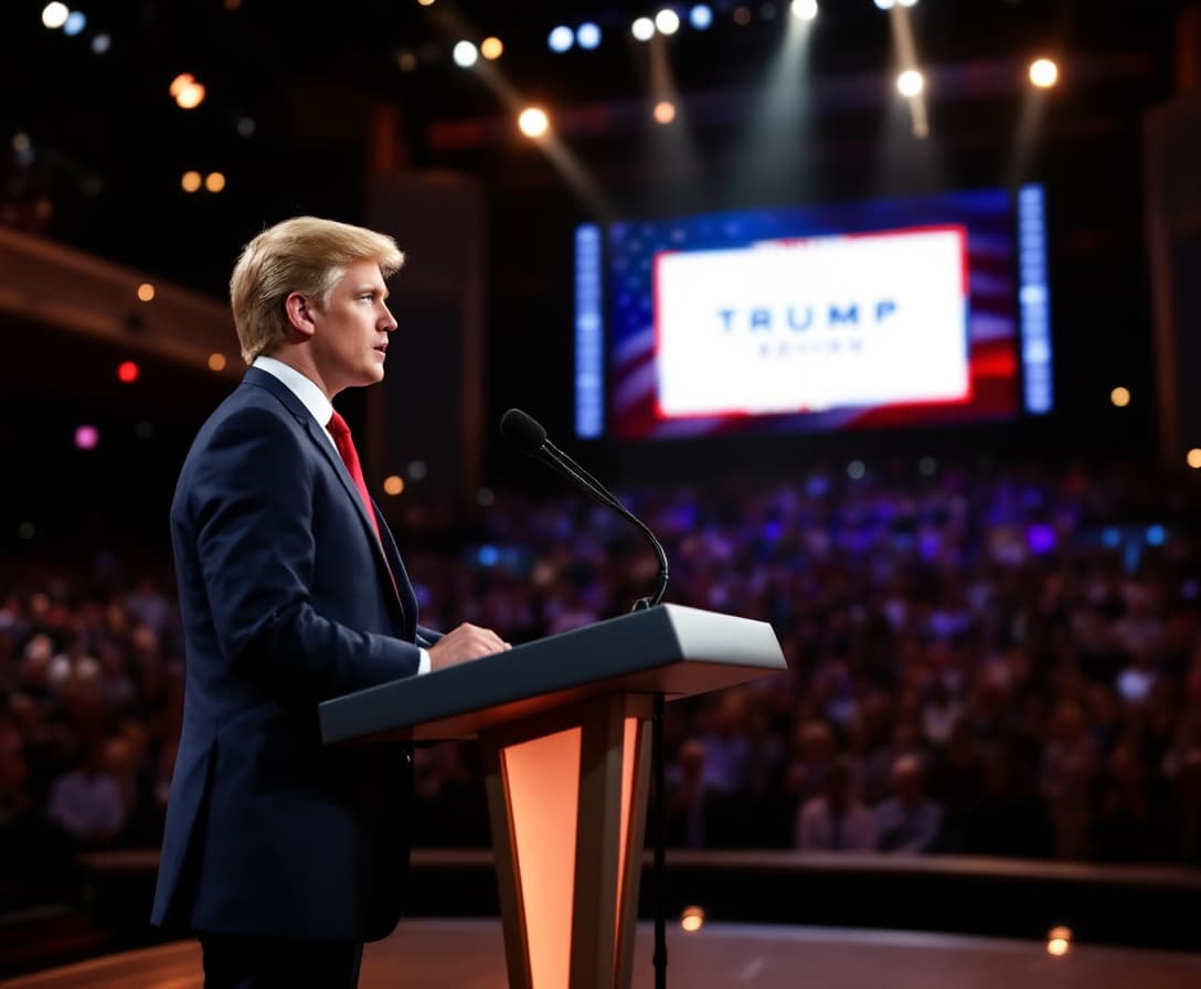 AI generated:  A photo of Barron Trump delivering a powerful speech on a grand stage. He is a tall young man with ...