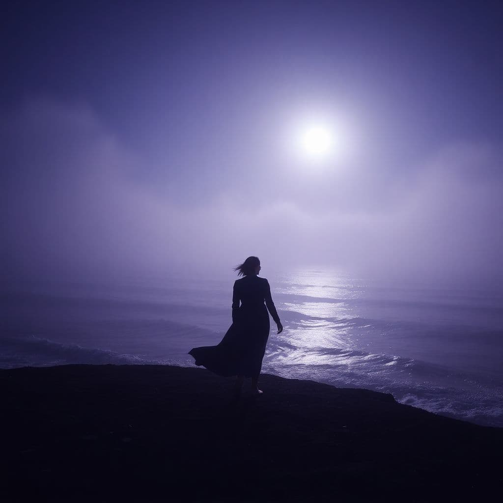 AI generated: a dramatic, cinematic scene at a moonlit coastline, one lone figure standing at the edge of the sea,...