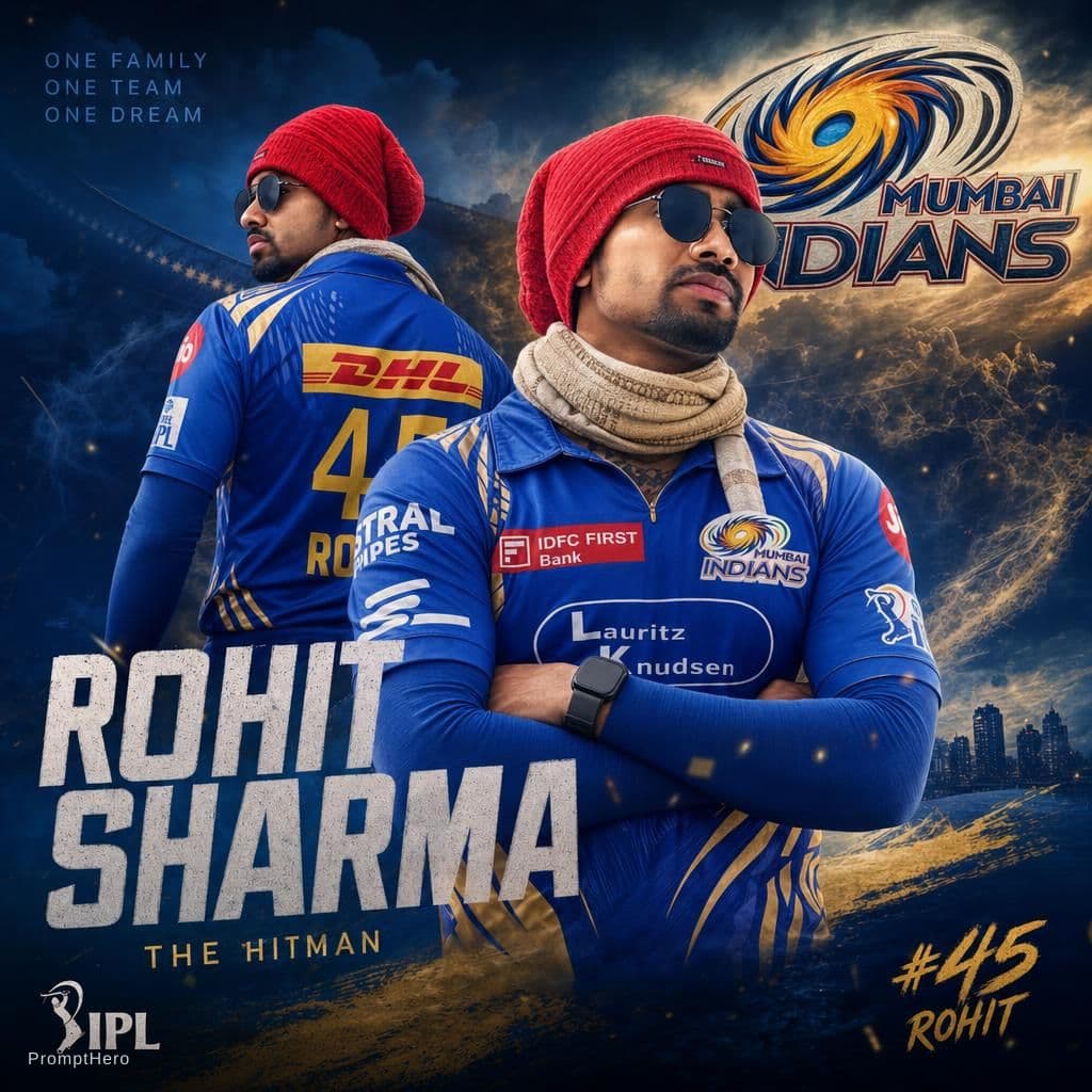AI generated: A professional sports-themed poster featuring a confident man in cricket jersey, layered

compositio...