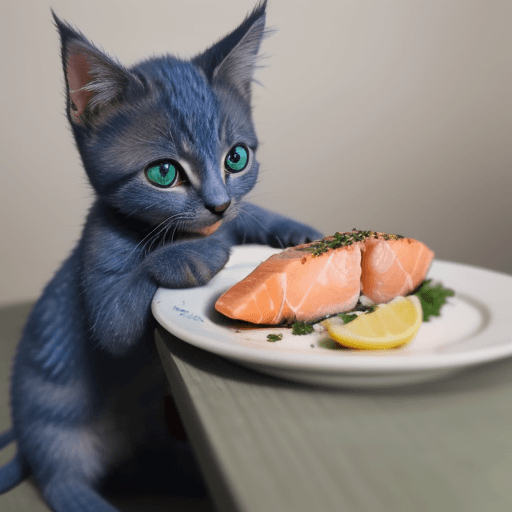 AI generated: A short English blue gold kitten eating salmon with sapphire green pupils