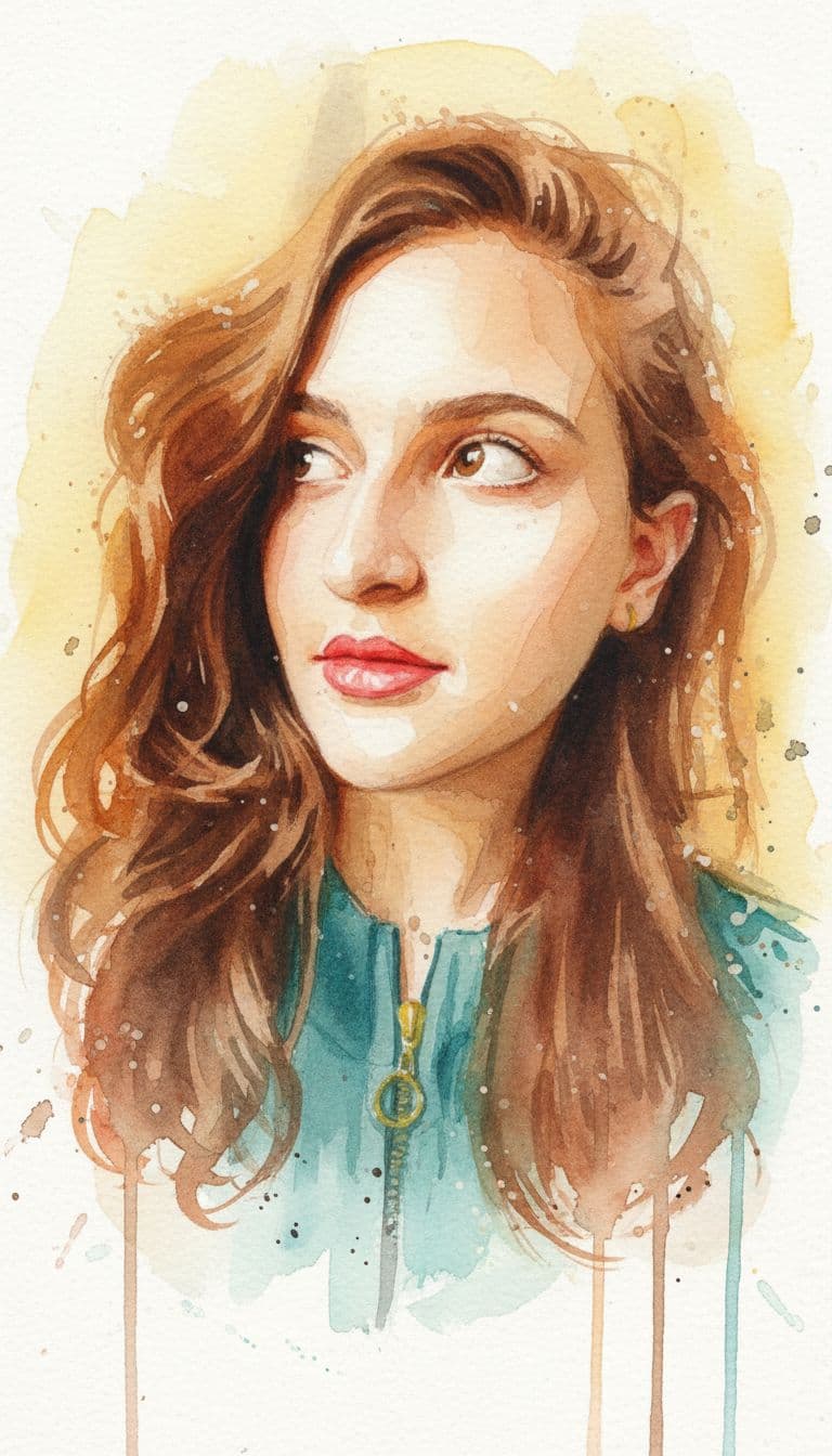 AI generated: Watercolor portrait of a woman, free brushwork --chaos 75 --ar 1:2 --style raw --profile rsy6uq9 --s...