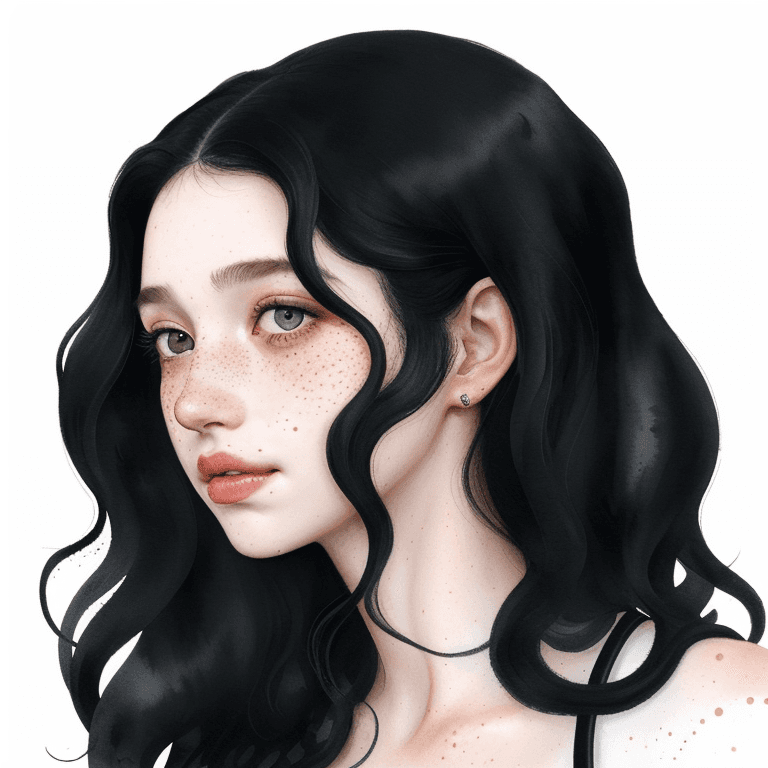 AI generated: portrait of a young woman, long black hair, curly and wavy, freckles, highly detailed, watercolor, d...