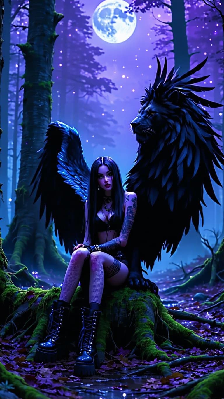 AI generated: A full body shot of a strong, fierce black lion, its fur with a slight blue tinge, and large outstre...