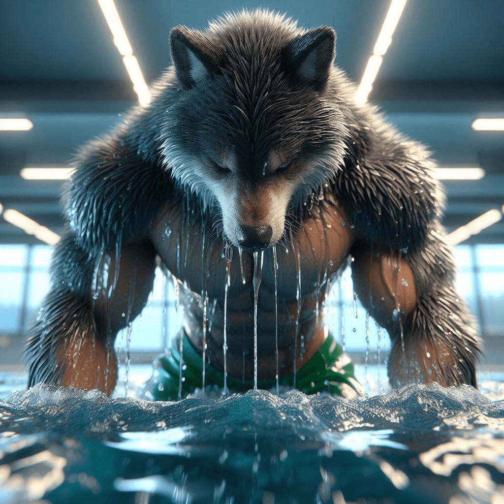 AI generated: Close-up professional cinematic 3D animation of a long-furred wolf man gripping the silver edge of t...