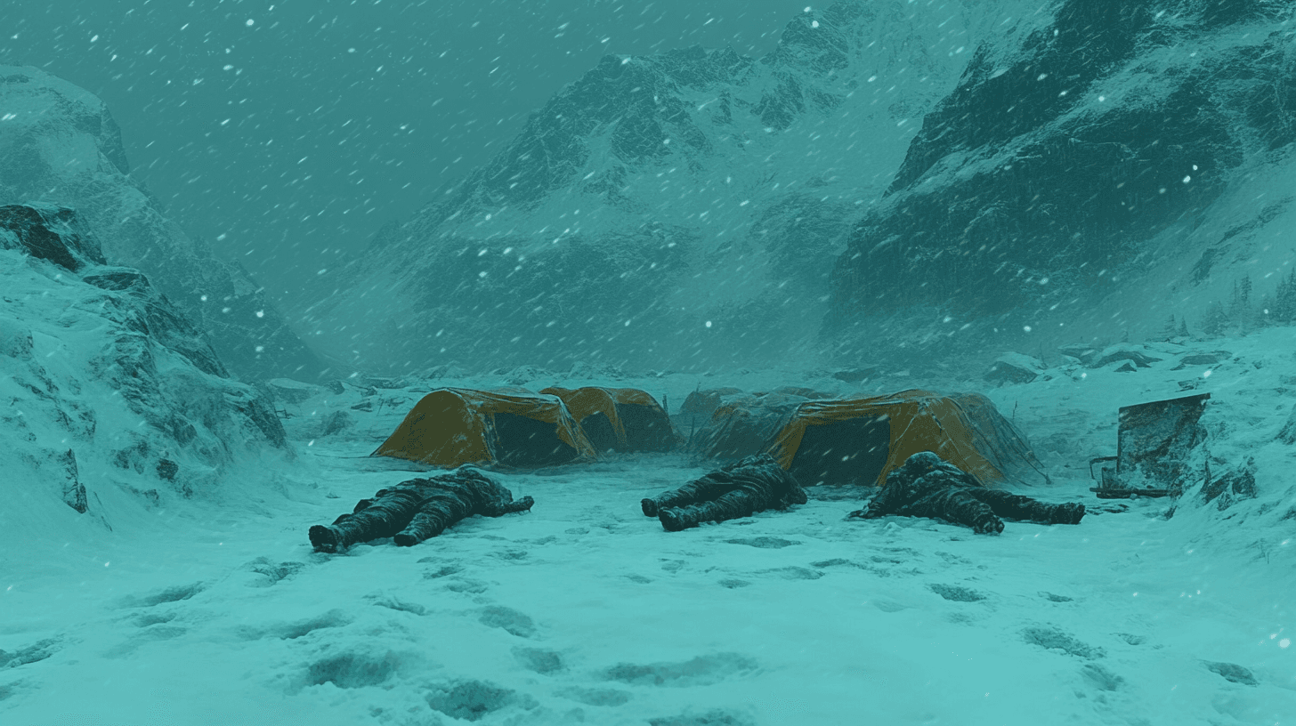 AI generated: A dark, atmospheric depiction of the Dyatlov Pass incident, an abandoned torn tent buried in deep sn...