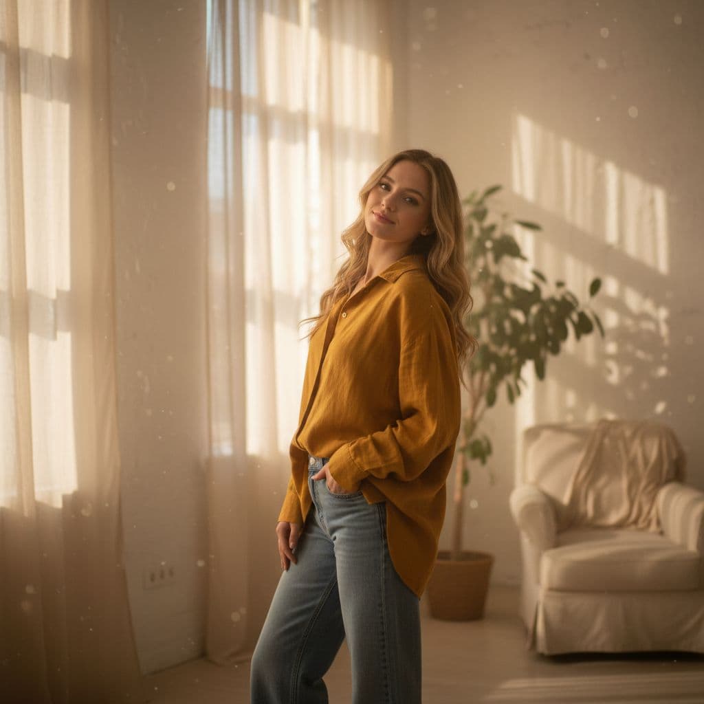 AI generated: blond girl in a yellow shirt is posing, soft, atmospheric lighting --chaos 33 --ar 1:2 --profile yru...